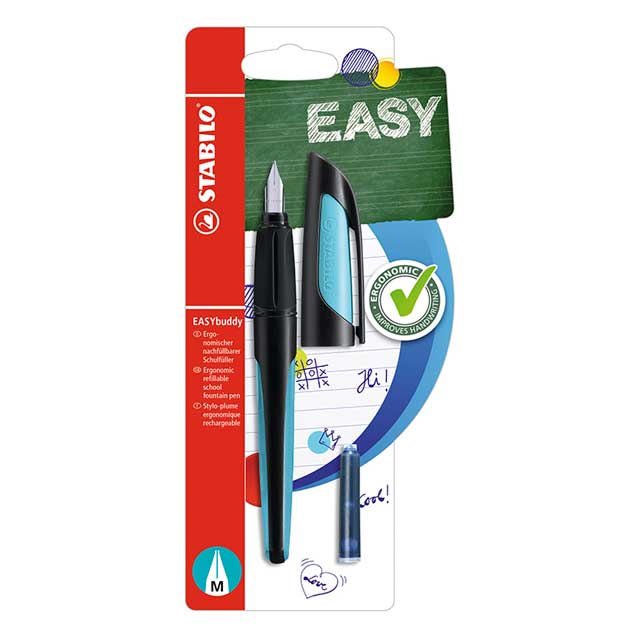 STABILO Füllhalter EASYbuddy in schwarz/hellblau mit einer Feder M, ergonomisches Schreiben für Kinderhände