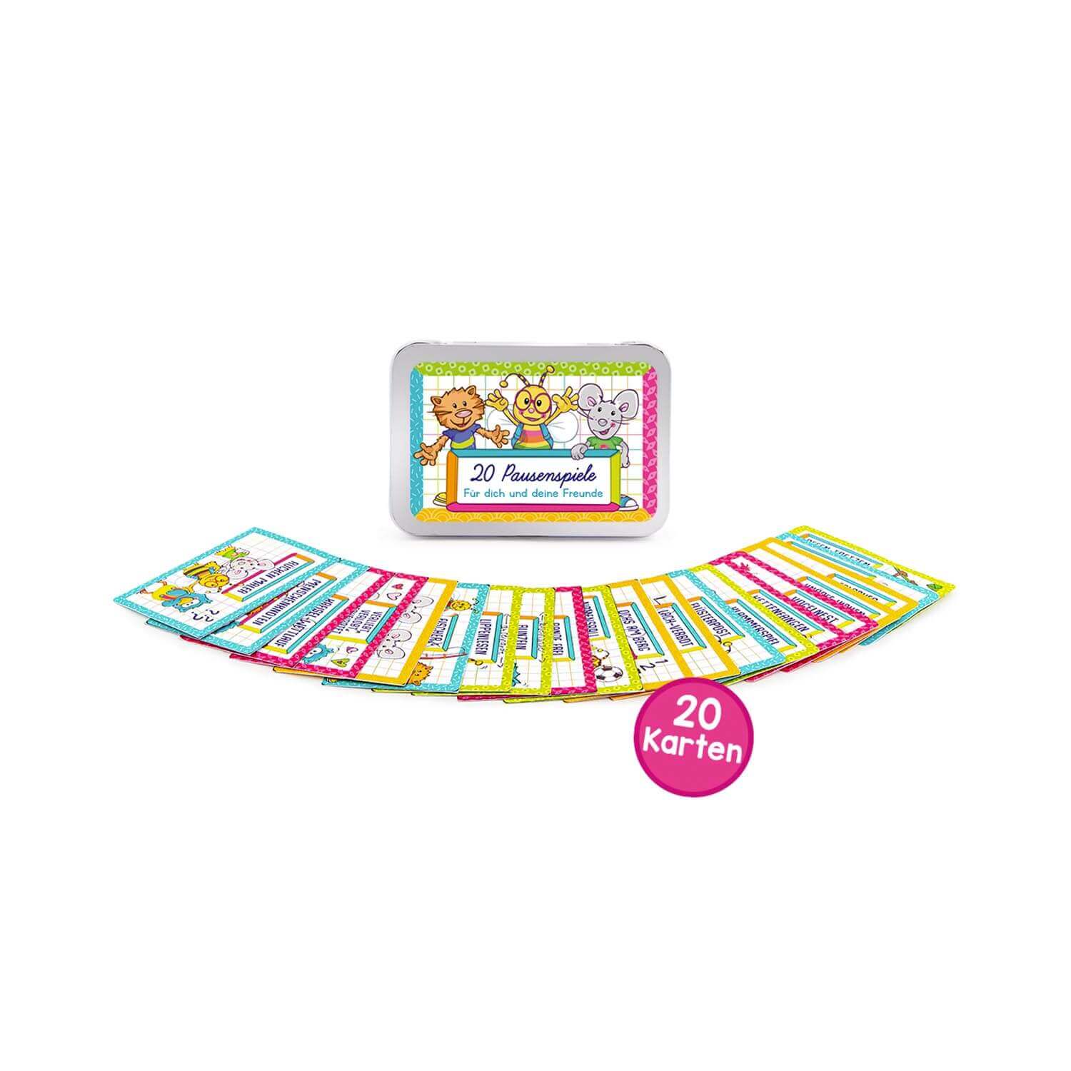 ABC 20 Pausenspiele in einer Metallbox mit Anleitung und 20 Karten