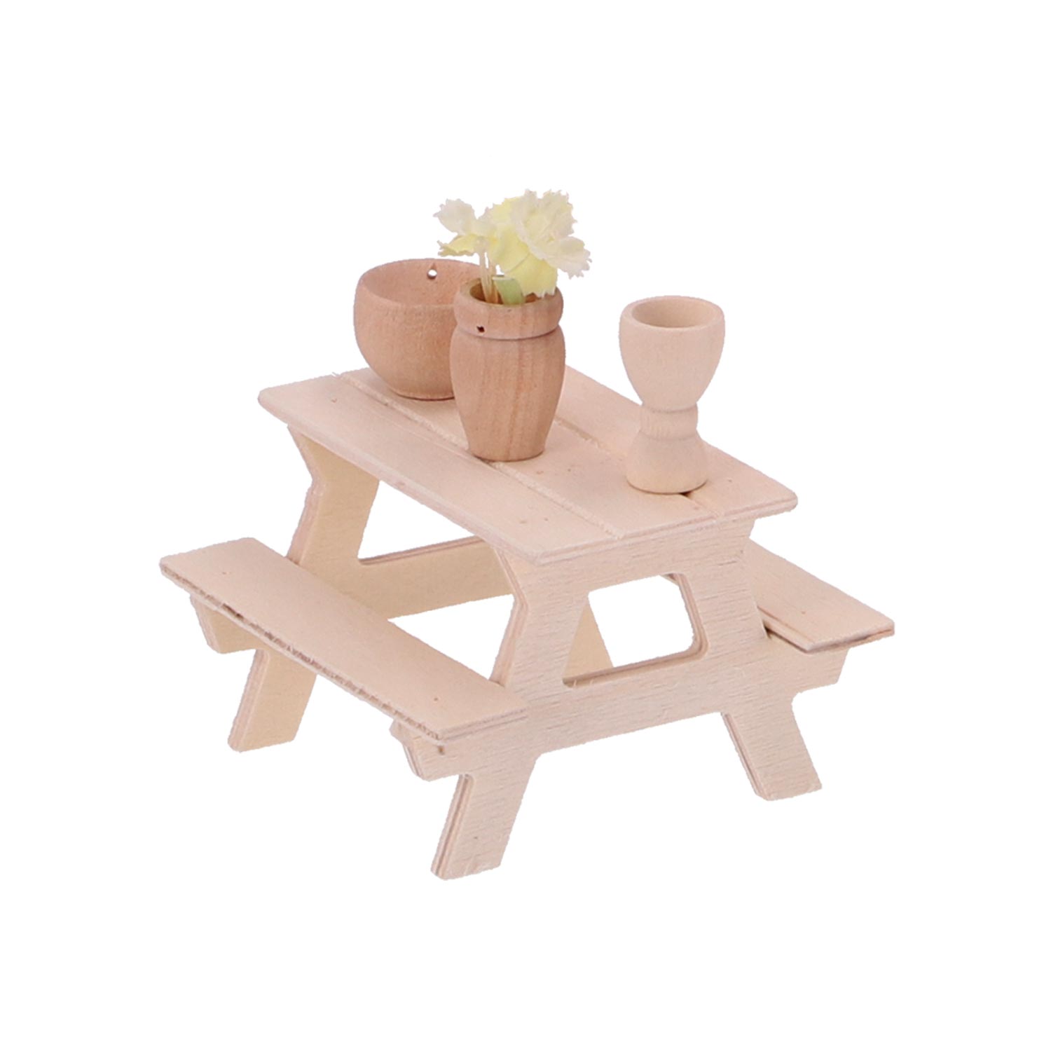 Miniatur Picknick-Tisch mit Bank aus Holz, H 5,5 x B 8 x T 8 cm (ohne Deko)
