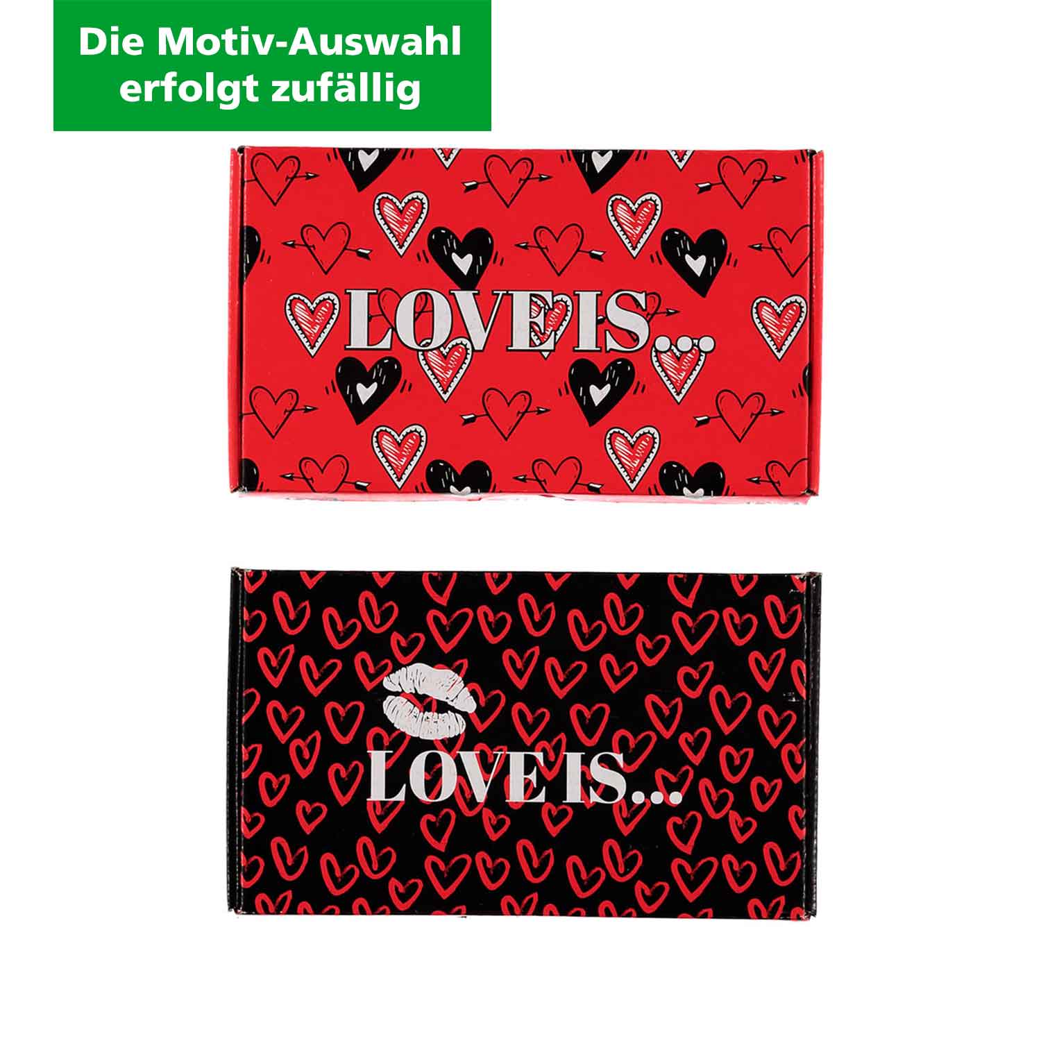 Herren Socken "Love is…" Geschenkbox (Motiv-Auswahl erfolgt zufällig), rot/schwarz