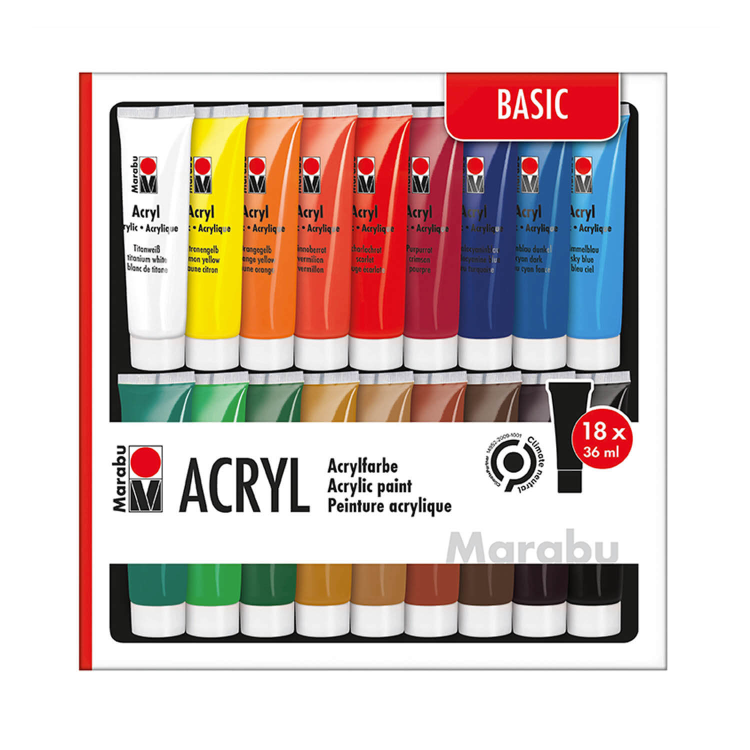 MARABU Acrylfarben-Set 18 x 36 ml Farben, auf Wasserbasis, mehrere Farben
