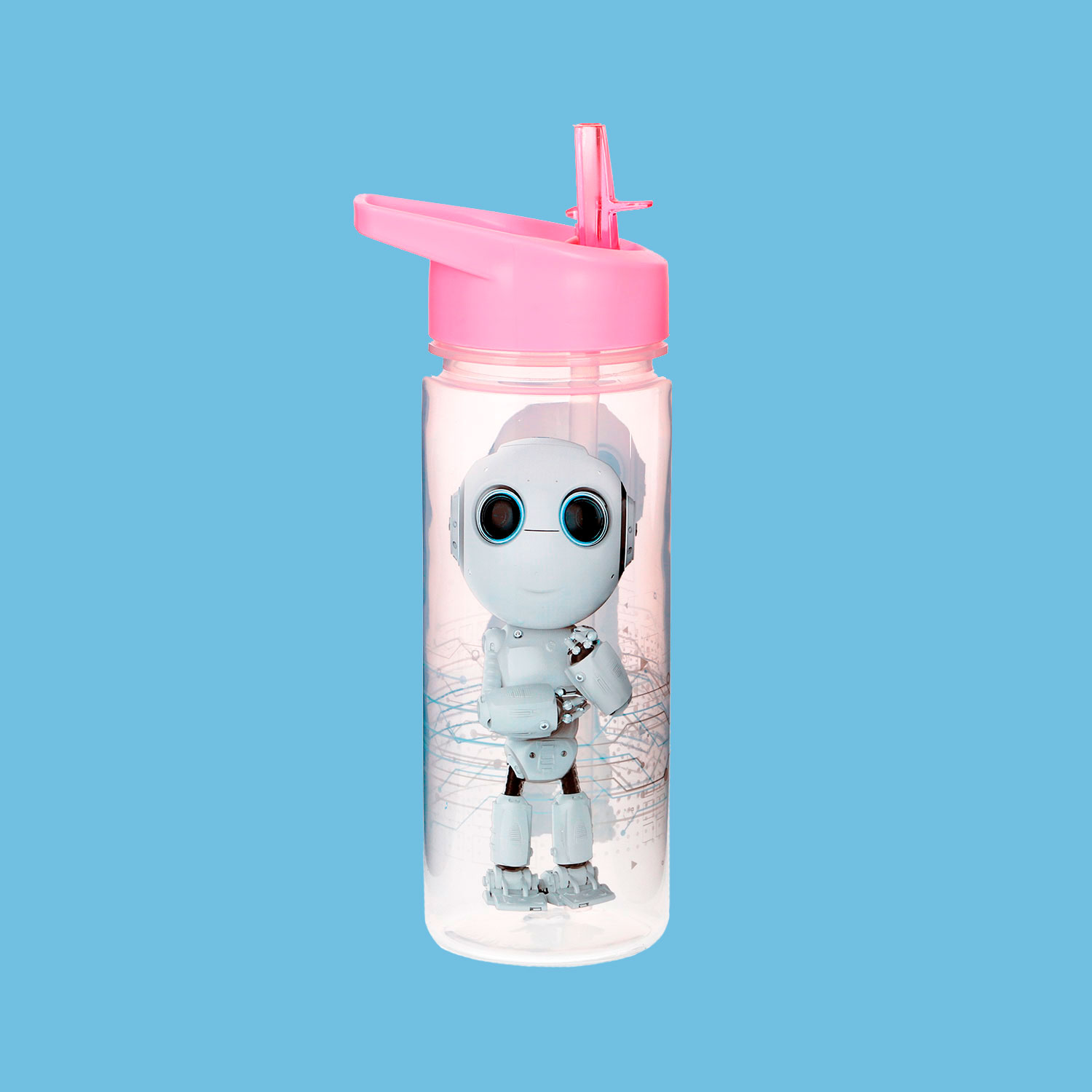 Trinkflasche mit Motiv "Robbie Roboter", Kinderflasche, für Freizeit und Schule, rosa